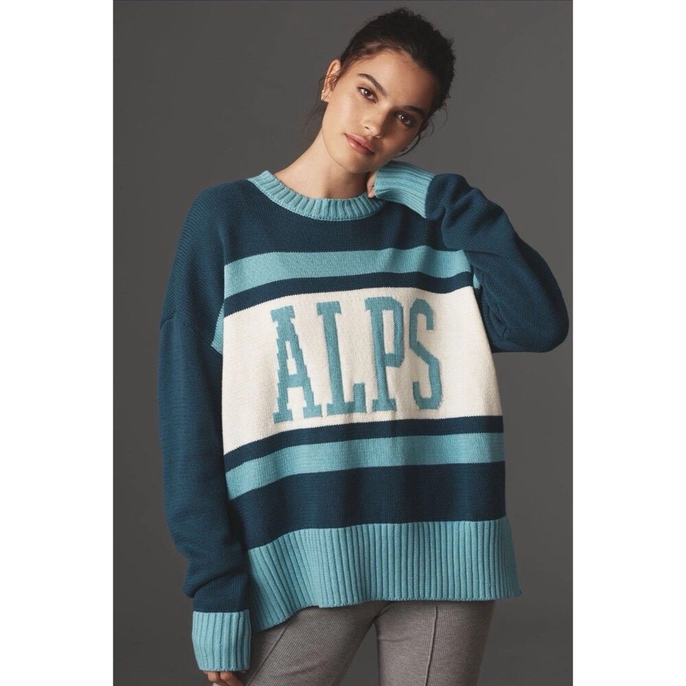 Anthropologie Beach Riot Sweater Blue Callie Preppy Cotton Holiday Large NWT